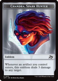 Emblem - Chandra, Spark Hunter // Vehicle Double-Sided Token — Aetherdrift