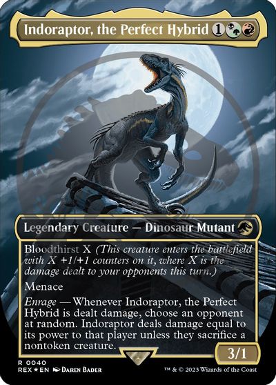 Indoraptor, the Perfect Hybrid (Borderless) (Emblem) card art