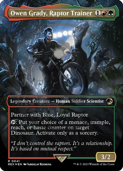 Owen Grady, Raptor Trainer (Borderless) (Emblem) card art